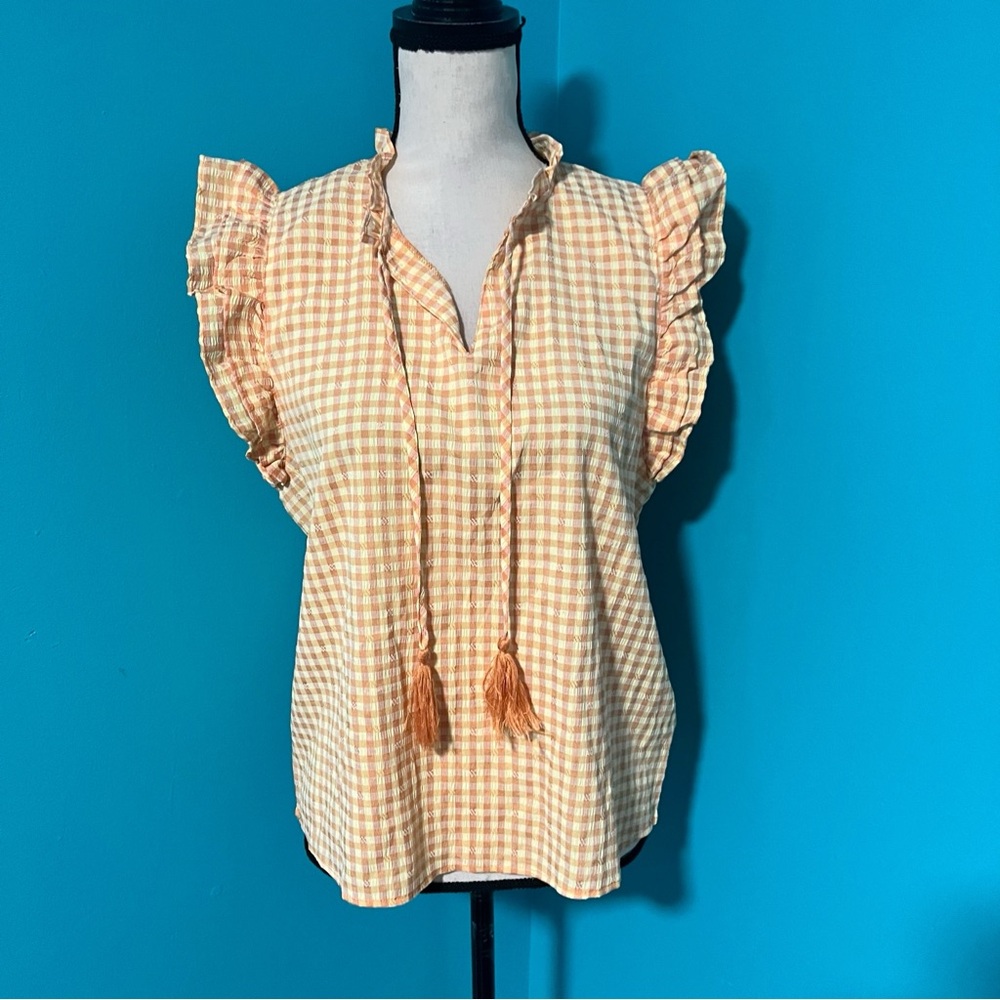 Nanette Lepore M Orange Yellow Gingham Tie Front Ruffle Sleeve Top